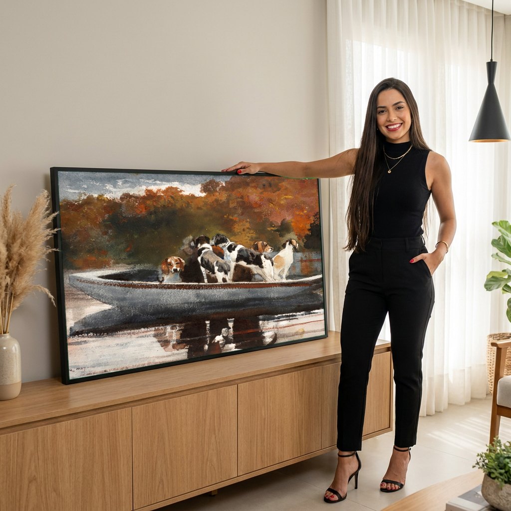 Quadro Decorativo Cães na Canoa - Winslow Homer | modelo apresentando o quadro emoldurado