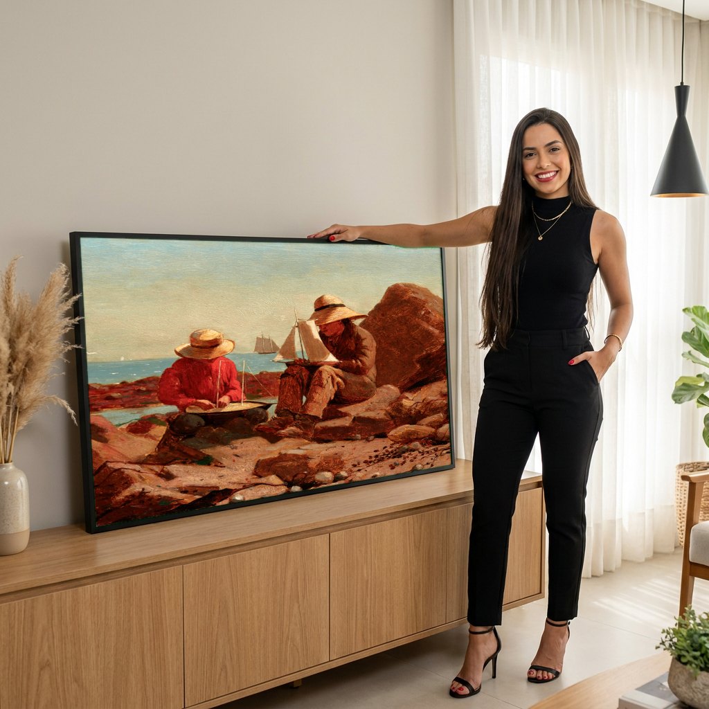 Quadro Decorativo Brincando com Barcos - Winslow Homer | modelo apresentando o quadro emoldurado