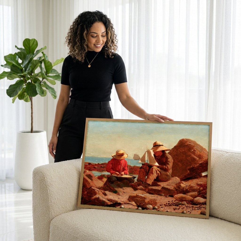 Quadro Decorativo Brincando com Barcos - Winslow Homer | modelo apresentando o quadro emoldurado