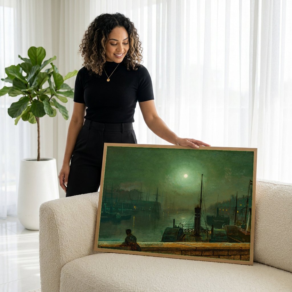 Quadro Decorativo Porto ao Luar - Grimshaw | modelo apresentando o quadro emoldurado