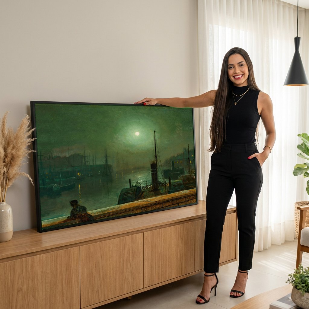 Quadro Decorativo Porto ao Luar - Grimshaw | modelo apresentando o quadro emoldurado