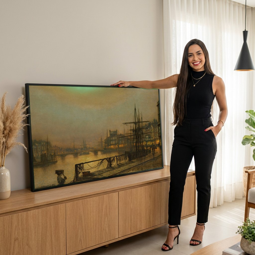 Quadro Decorativo Porto Noturno - Grimshaw | modelo apresentando o quadro emoldurado