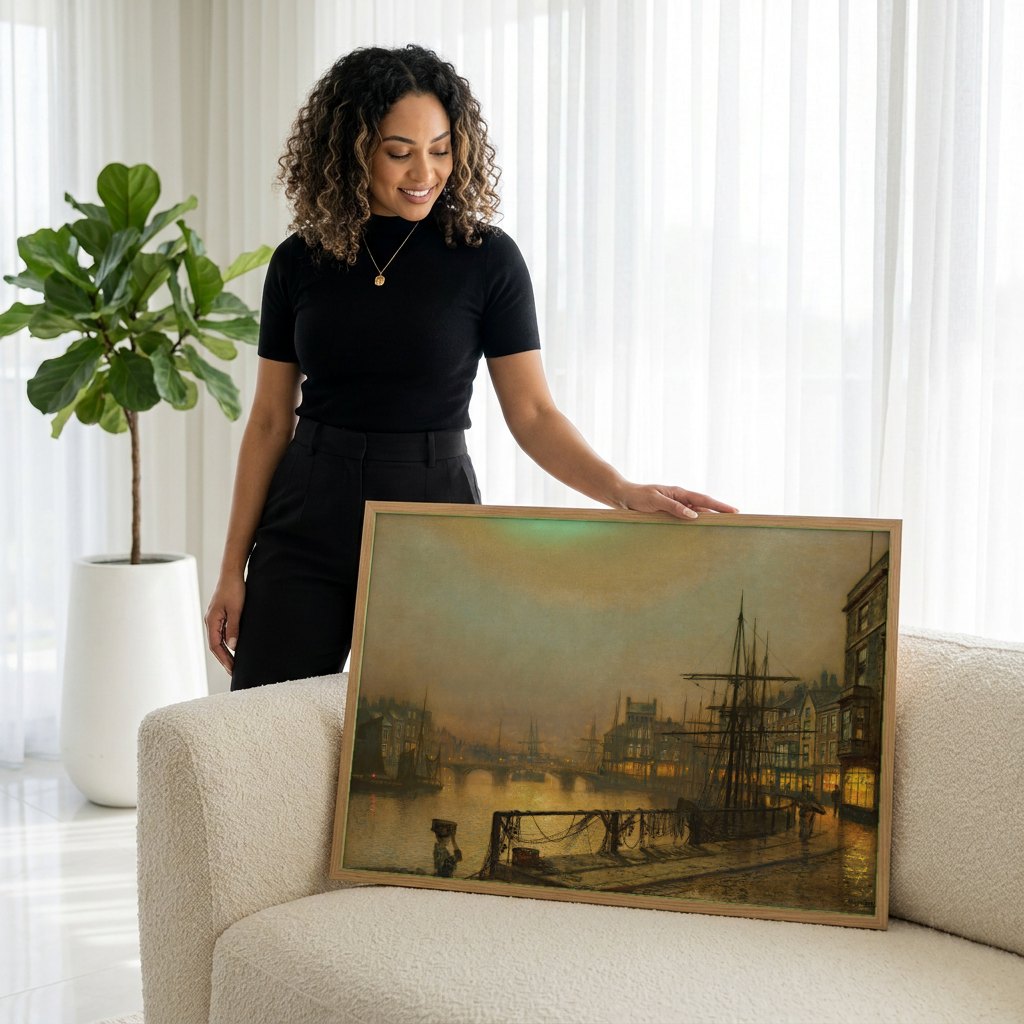 Quadro Decorativo Porto Noturno - Grimshaw | modelo apresentando o quadro emoldurado