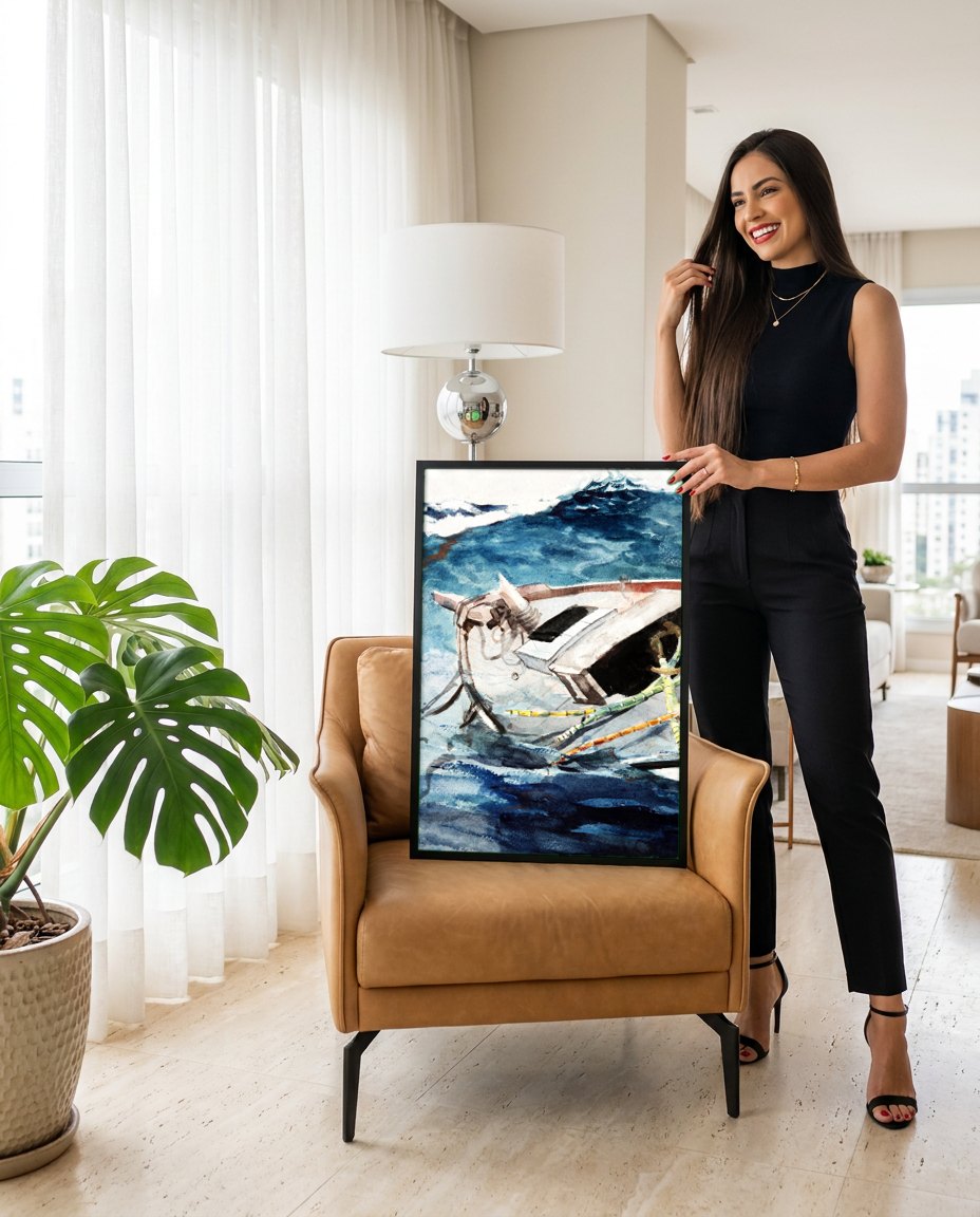 Quadro Decorativo Barco em Mar Agitado - Winslow Homer | modelo apresentando o quadro emoldurado