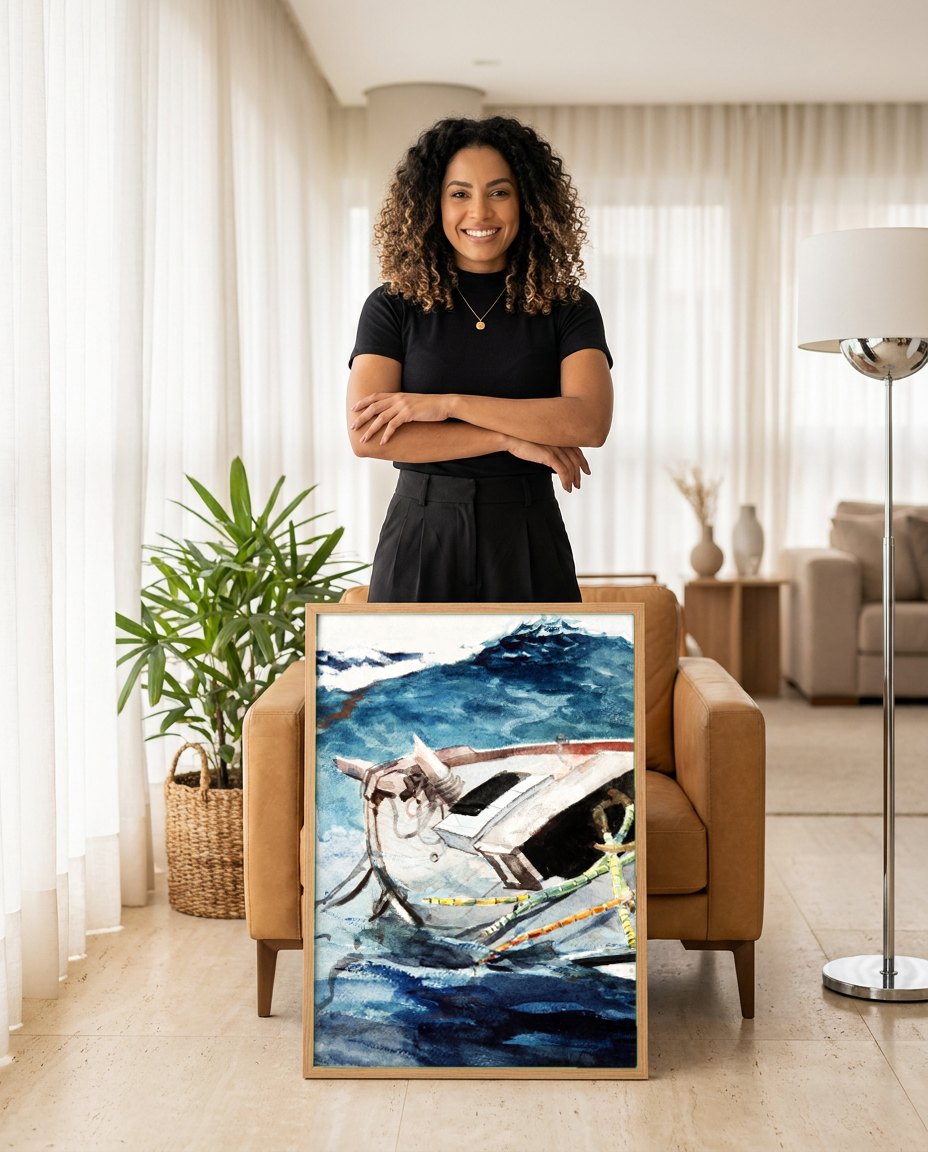 Quadro Decorativo Barco em Mar Agitado - Winslow Homer | modelo apresentando o quadro emoldurado