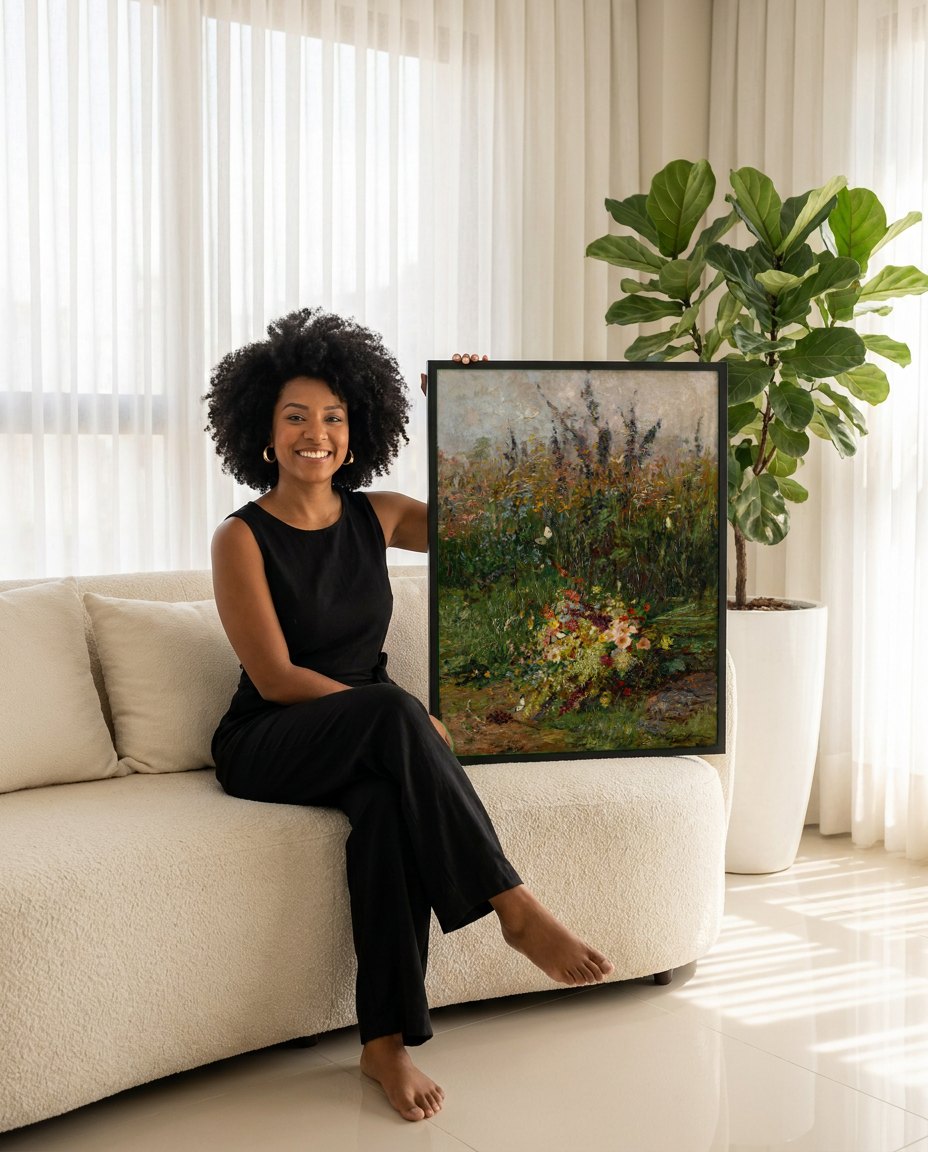 Quadro Decorativo Campo de Flores - Olga Wisinger-Florian | modelo apresentando o quadro emoldurado