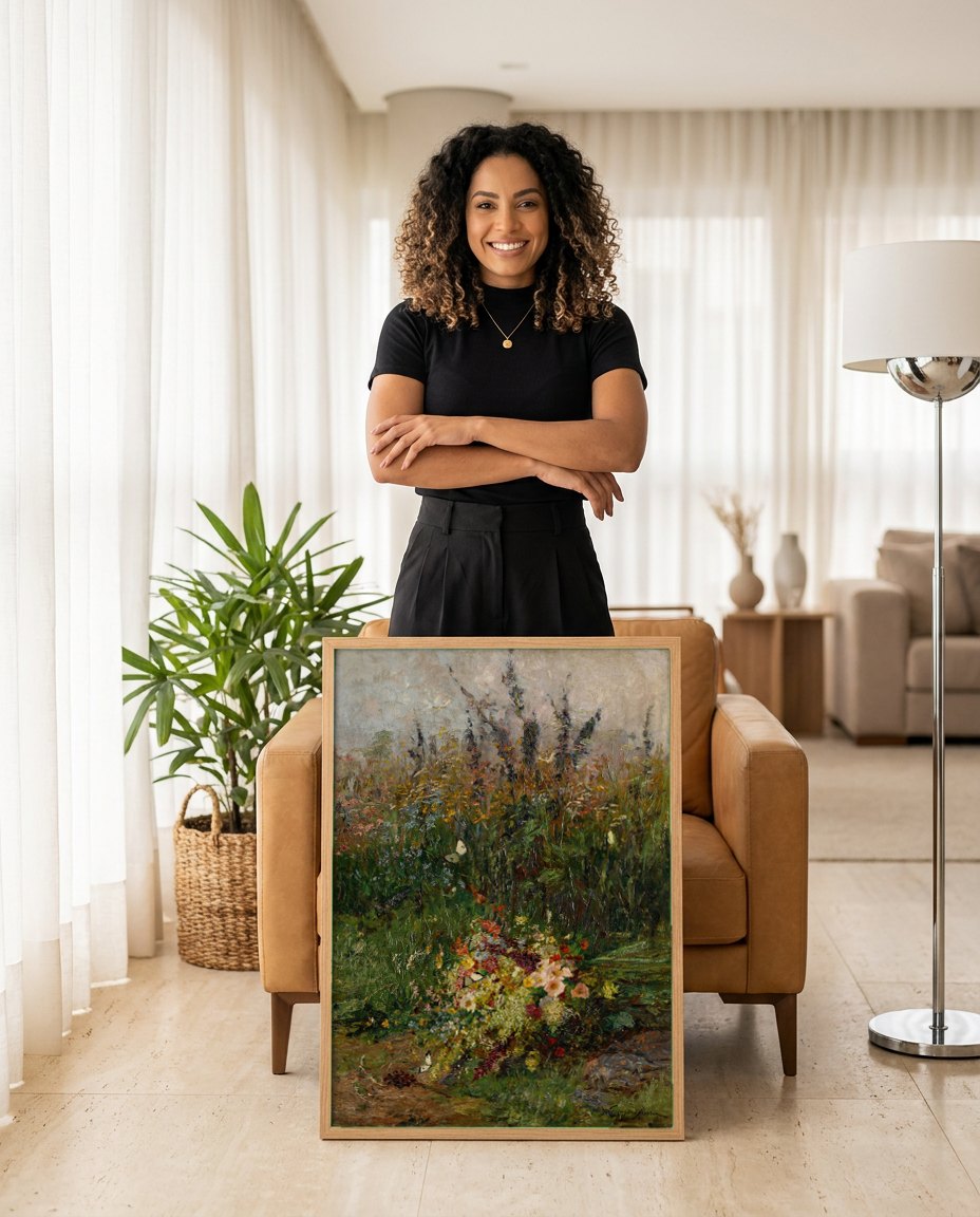 Quadro Decorativo Campo de Flores - Olga Wisinger-Florian | modelo apresentando o quadro emoldurado