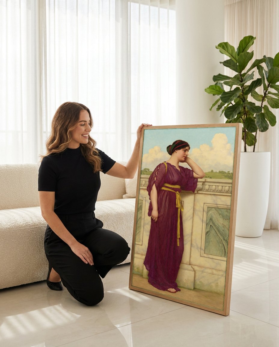 Quadro Decorativo A Contempladora - John William Godward | modelo apresentando o quadro emoldurado