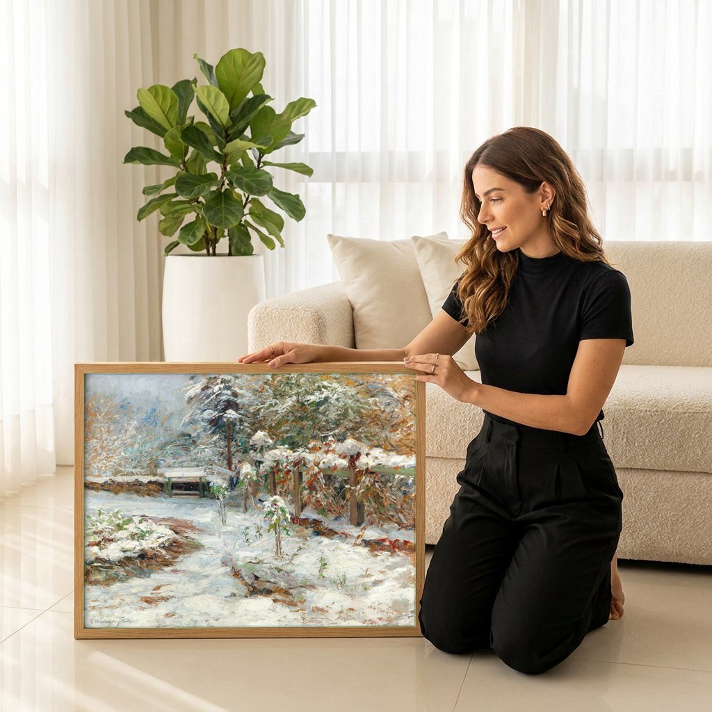 Quadro Decorativo Inverno na Neve - Olga Wisinger-Florian | modelo apresentando o quadro emoldurado