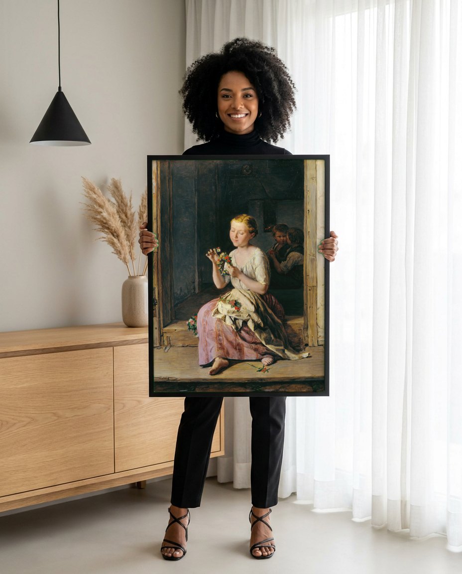 Quadro Decorativo A Grinalda de Flores - Waldmüller | modelo apresentando o quadro emoldurado
