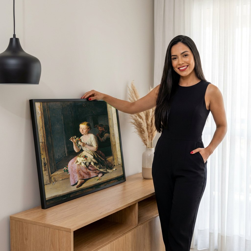 Quadro Decorativo A Grinalda de Flores - Waldmüller | modelo apresentando o quadro emoldurado