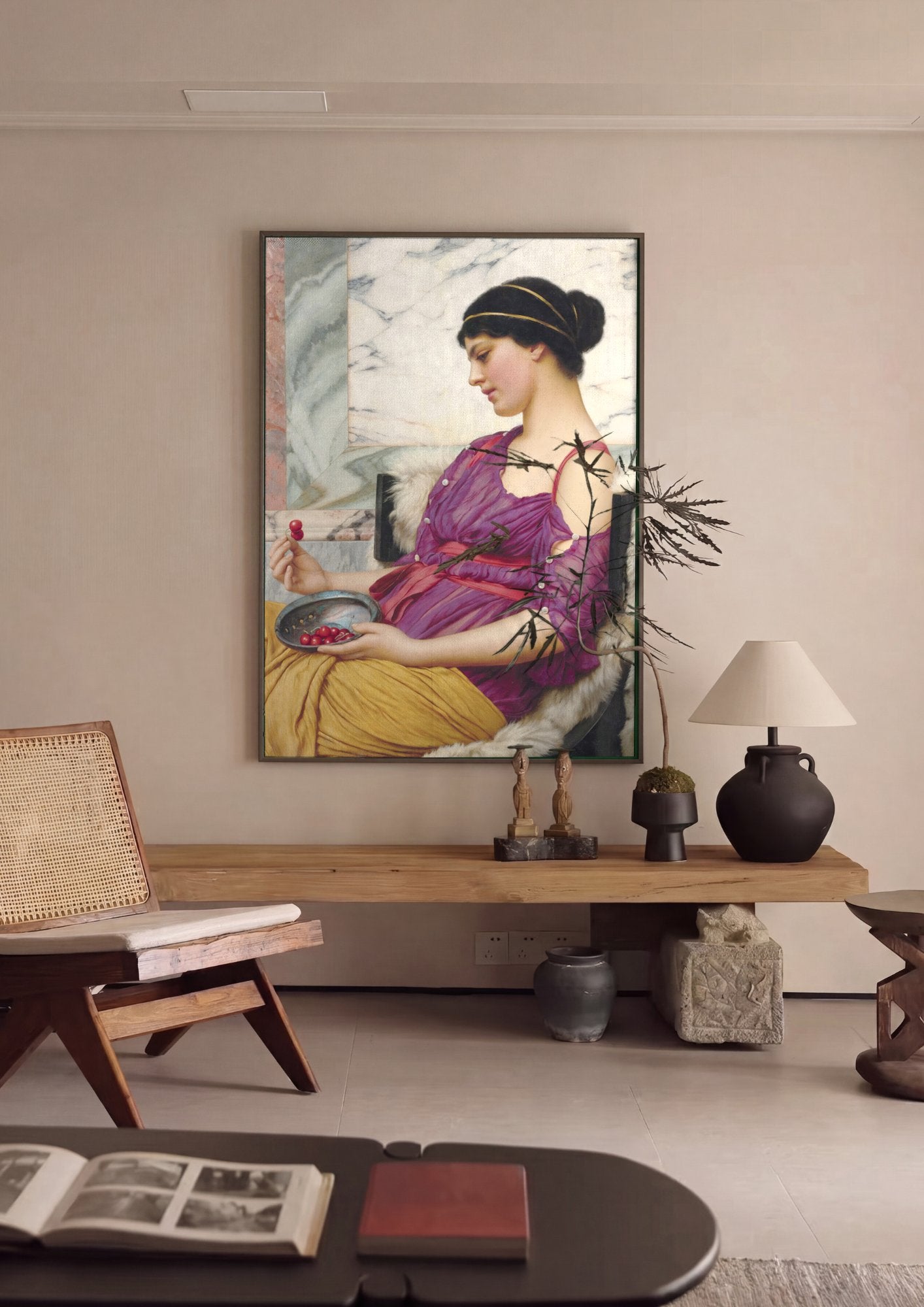 Quadro Decorativo Cesto de Cerejas - J.W. Godward em ambiente decorado