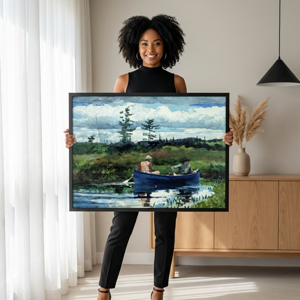 Quadro Decorativo A Canoa Azul - Winslow Homer com modelo em ambiente