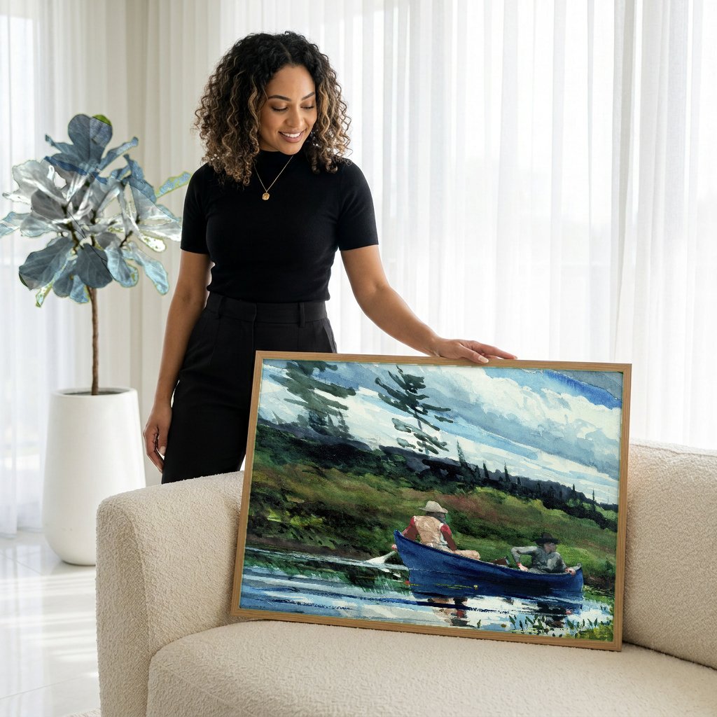 Quadro Decorativo A Canoa Azul - Winslow Homer com modelo em ambiente