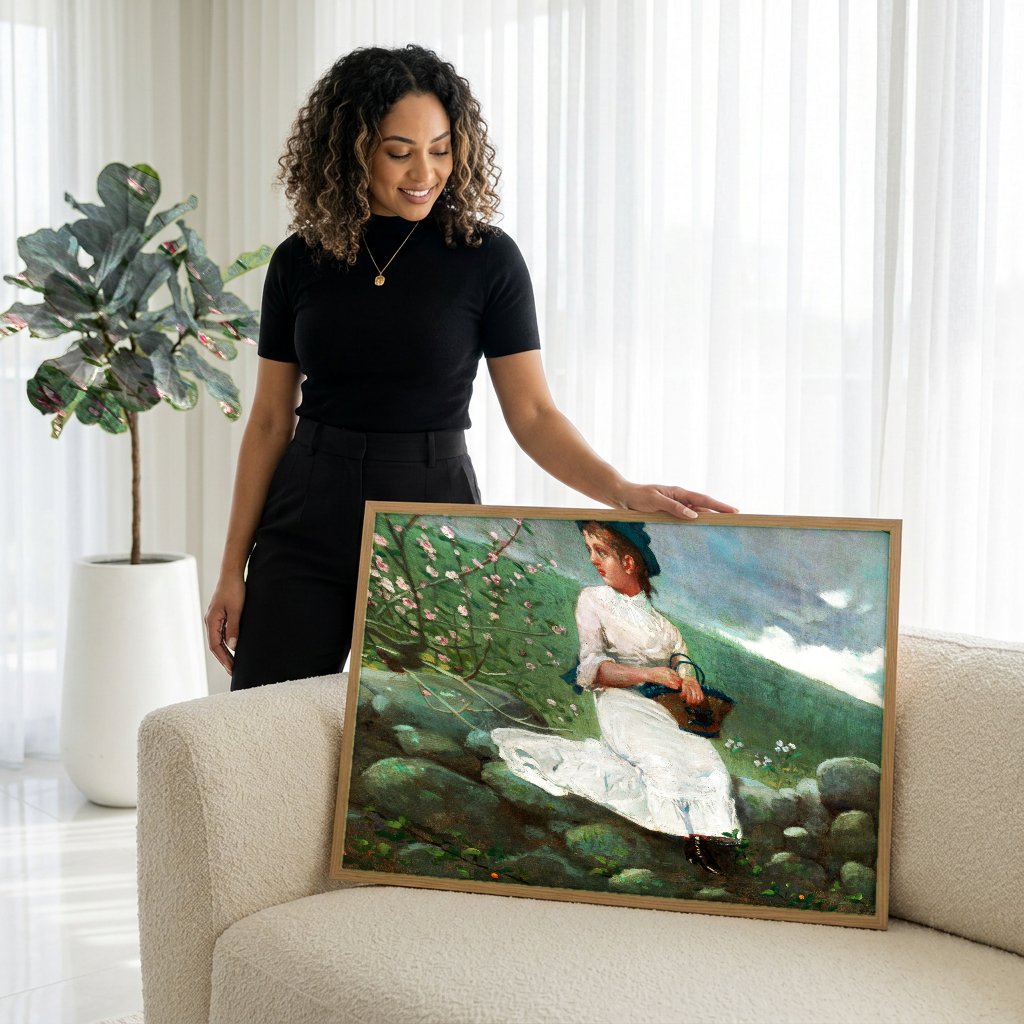 Quadro Decorativo A Peach Blow - Winslow Homer com modelo em ambiente