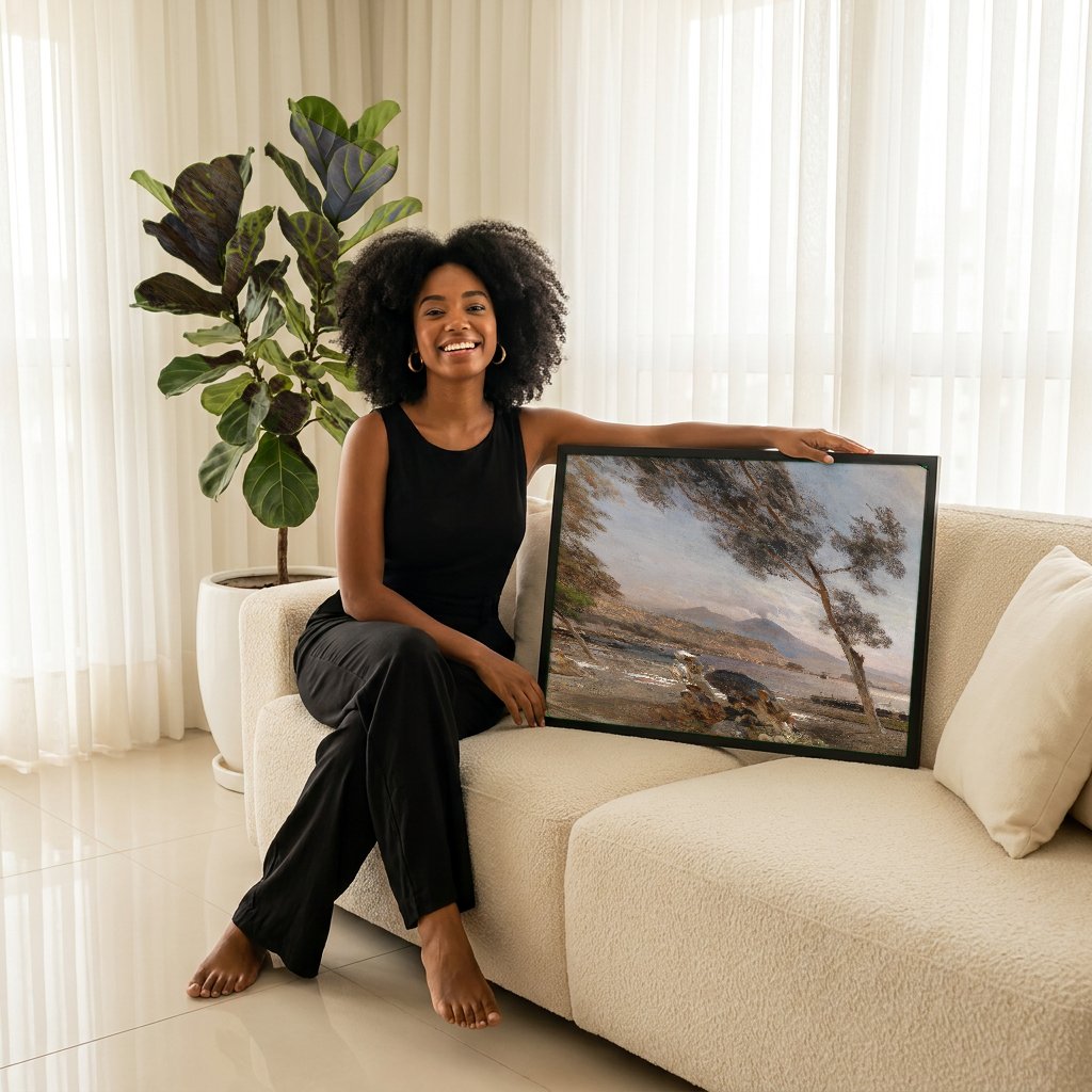 Quadro Decorativo Porto de Nápoles - Oswald Achenbach com modelo em ambiente