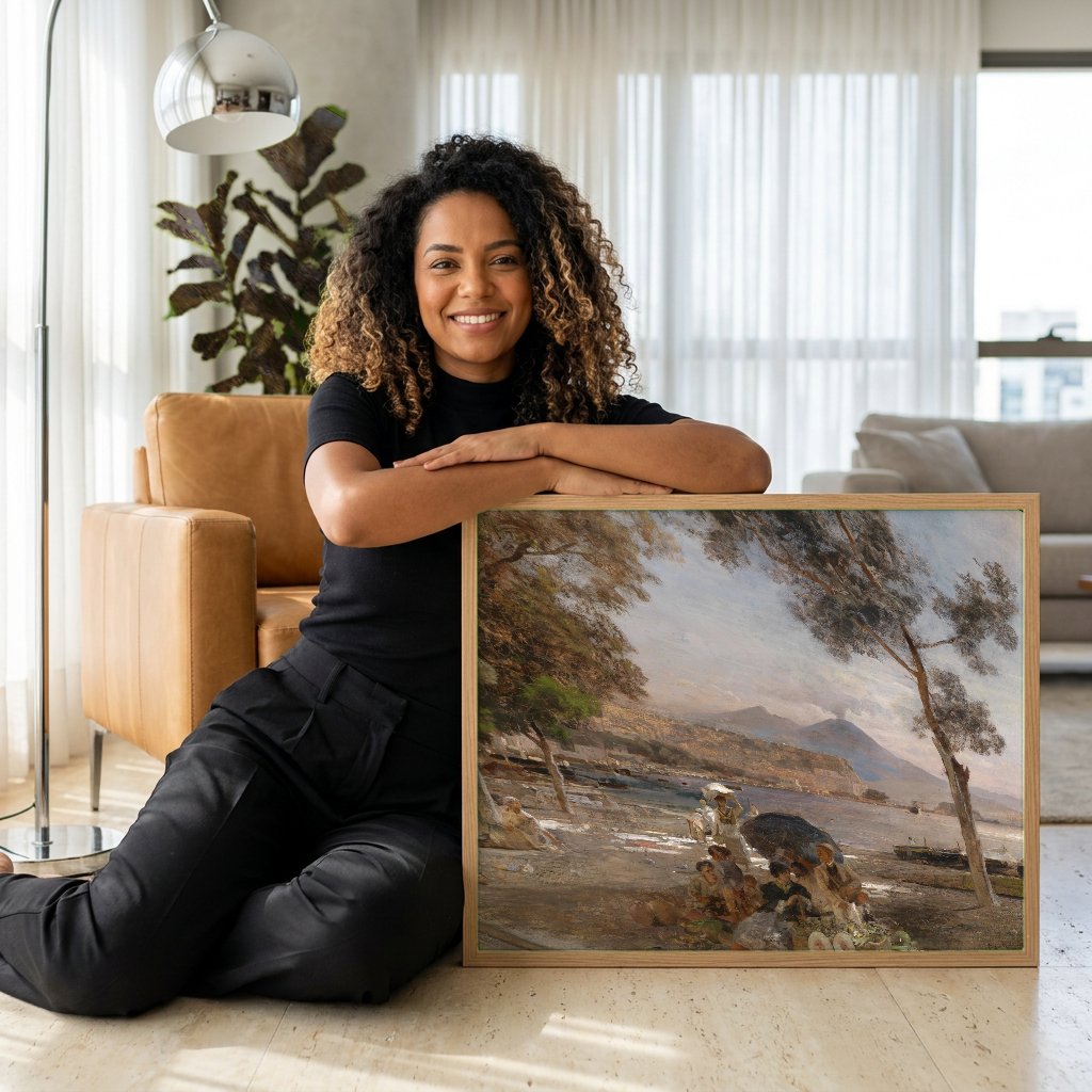Quadro Decorativo Porto de Nápoles - Oswald Achenbach com modelo em ambiente