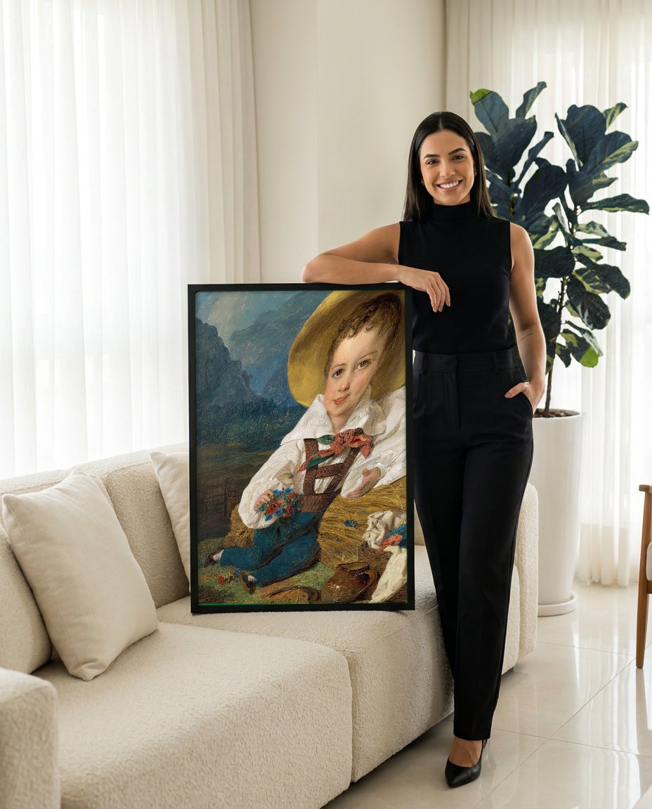 Quadro Decorativo Criança com Flores - Waldmüller com modelo em ambiente