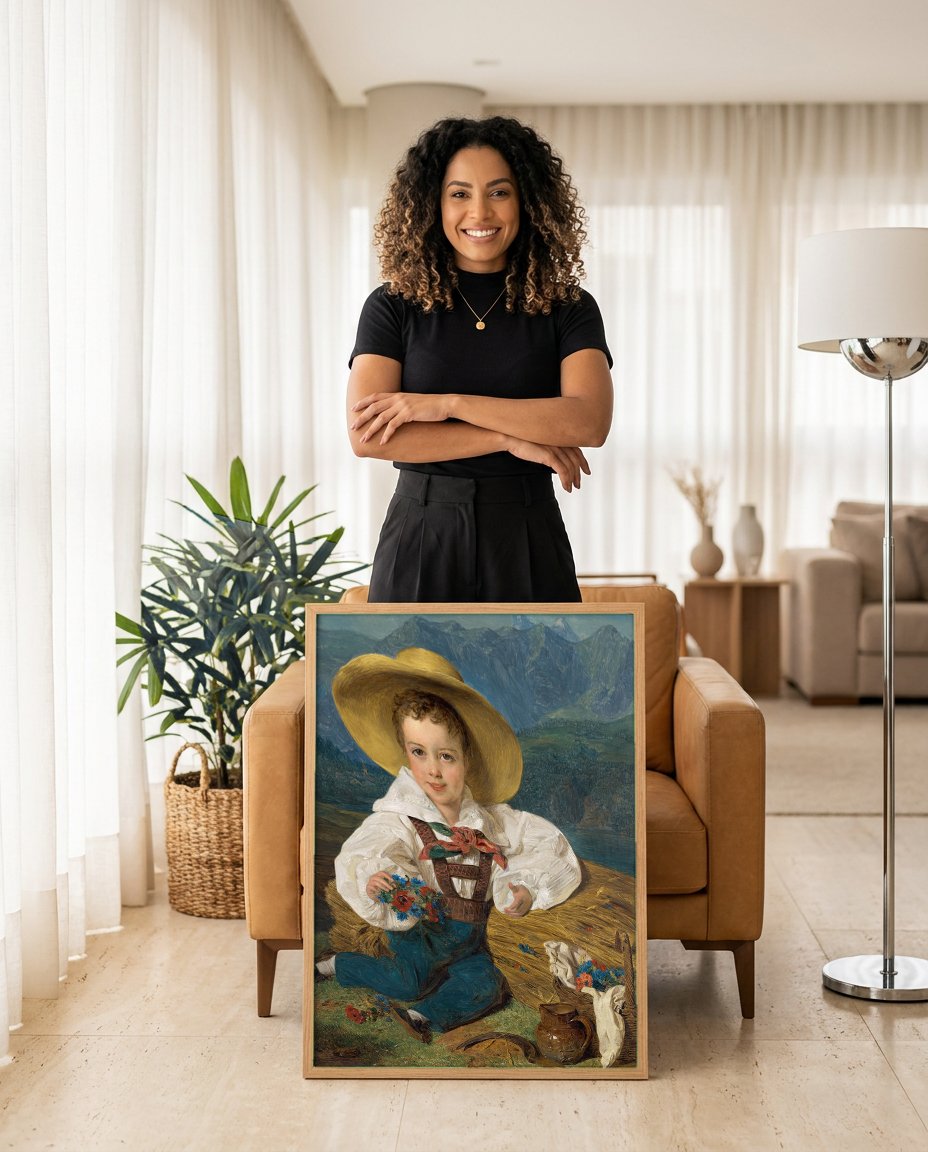 Quadro Decorativo Criança com Flores - Waldmüller com modelo em ambiente
