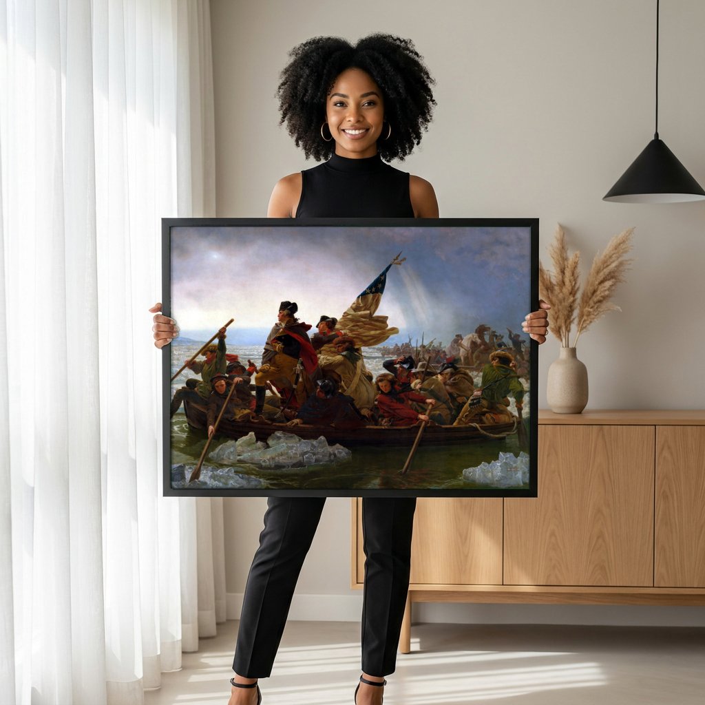 Quadro Decorativo A Travessia do Delaware - Emanuel Leutze com modelo em ambiente
