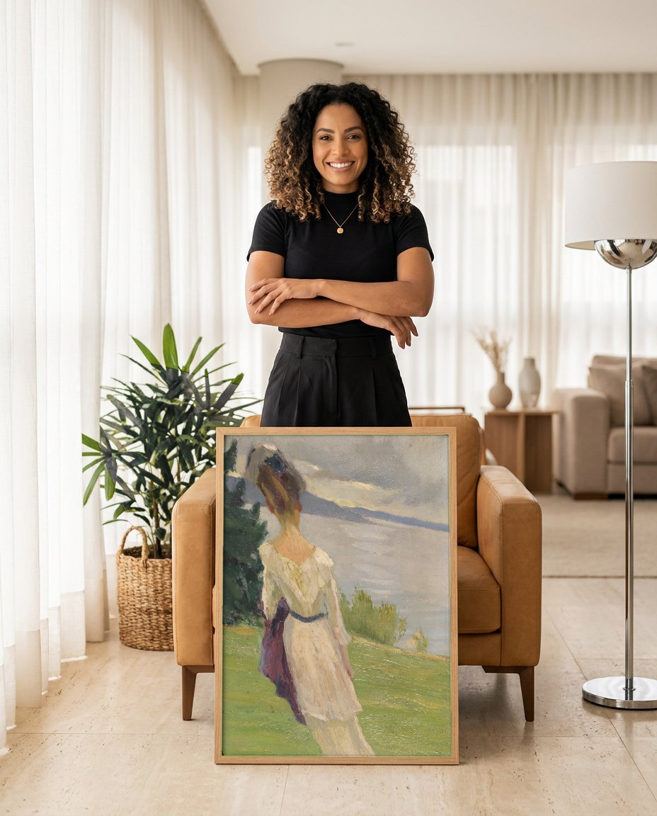 Quadro Decorativo A Mulher no Lago - Edward Cucuel com modelo em ambiente