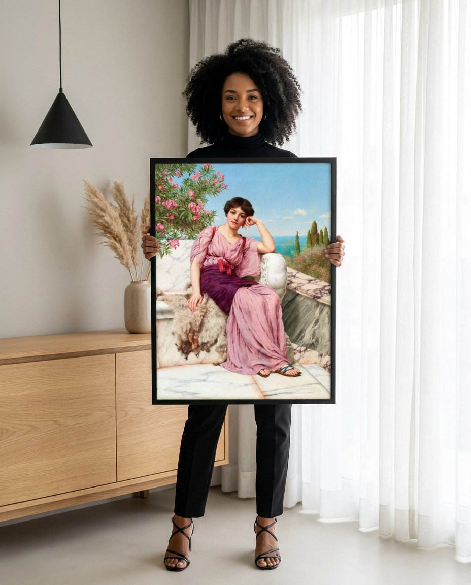 Quadro Decorativo A Jovem e o Mar - Godward com modelo em ambiente