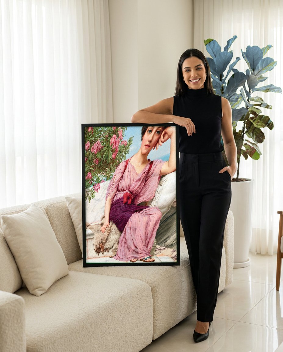 Quadro Decorativo A Jovem e o Mar - Godward com modelo em ambiente