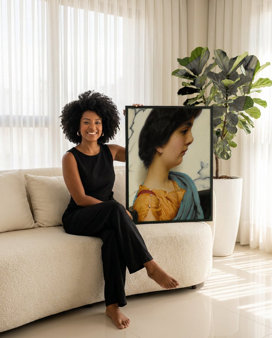 Quadro Decorativo A Contemplação - John William Godward com modelo em ambiente