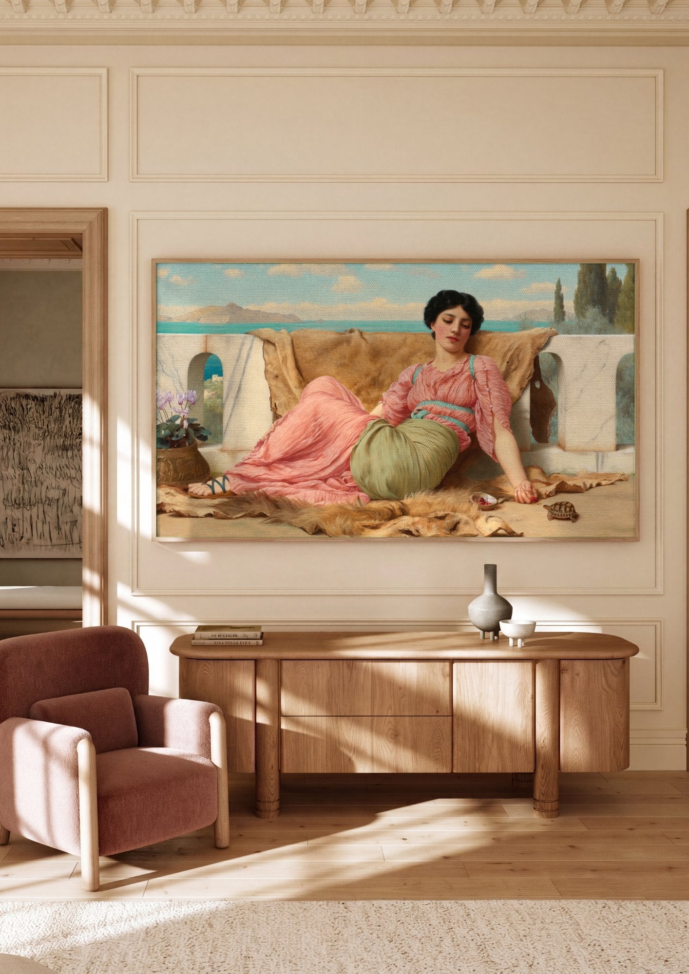 Quadro Decorativo A Hora do Ócio - John William Godward em ambiente decorado