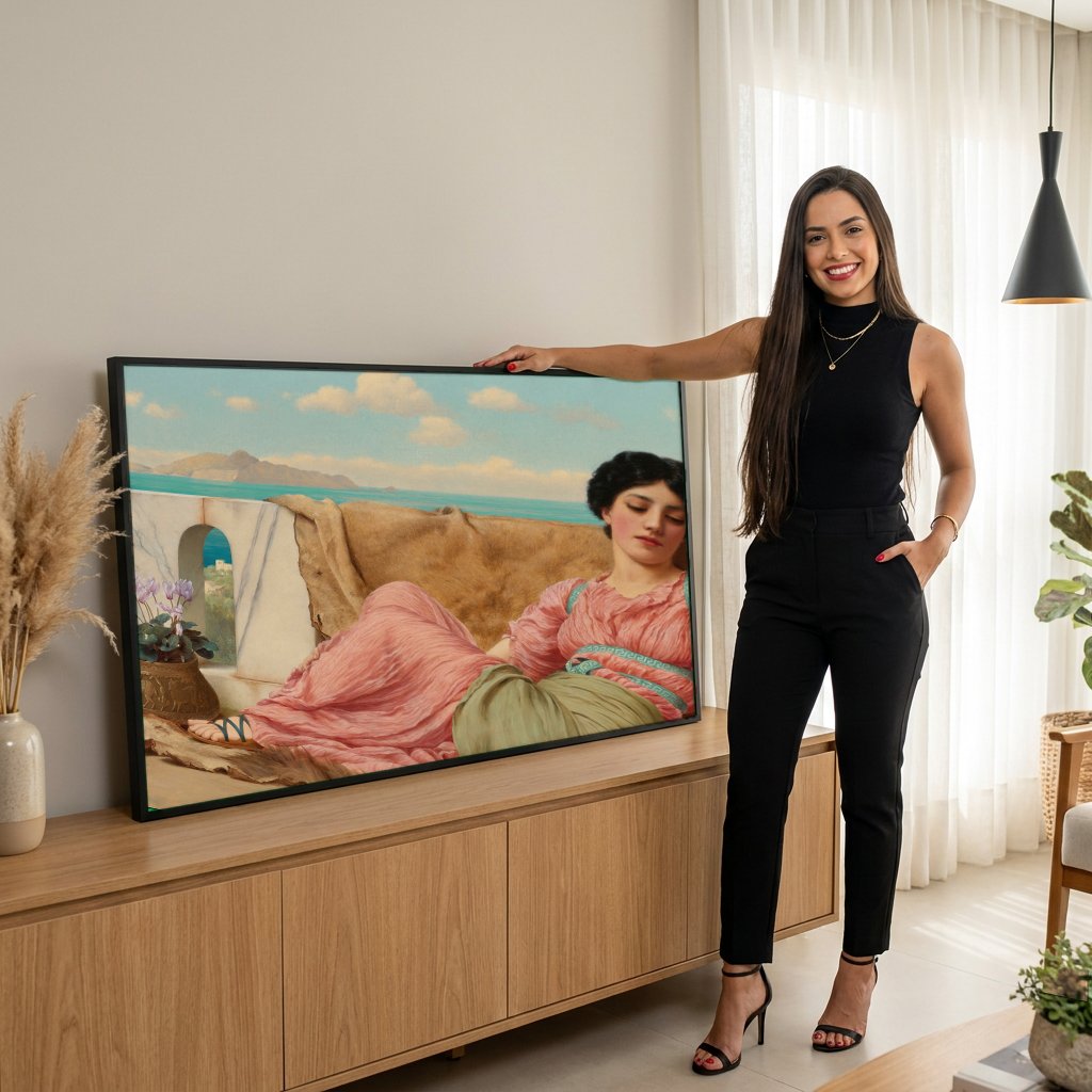Quadro Decorativo A Hora do Ócio - John William Godward com modelo em ambiente