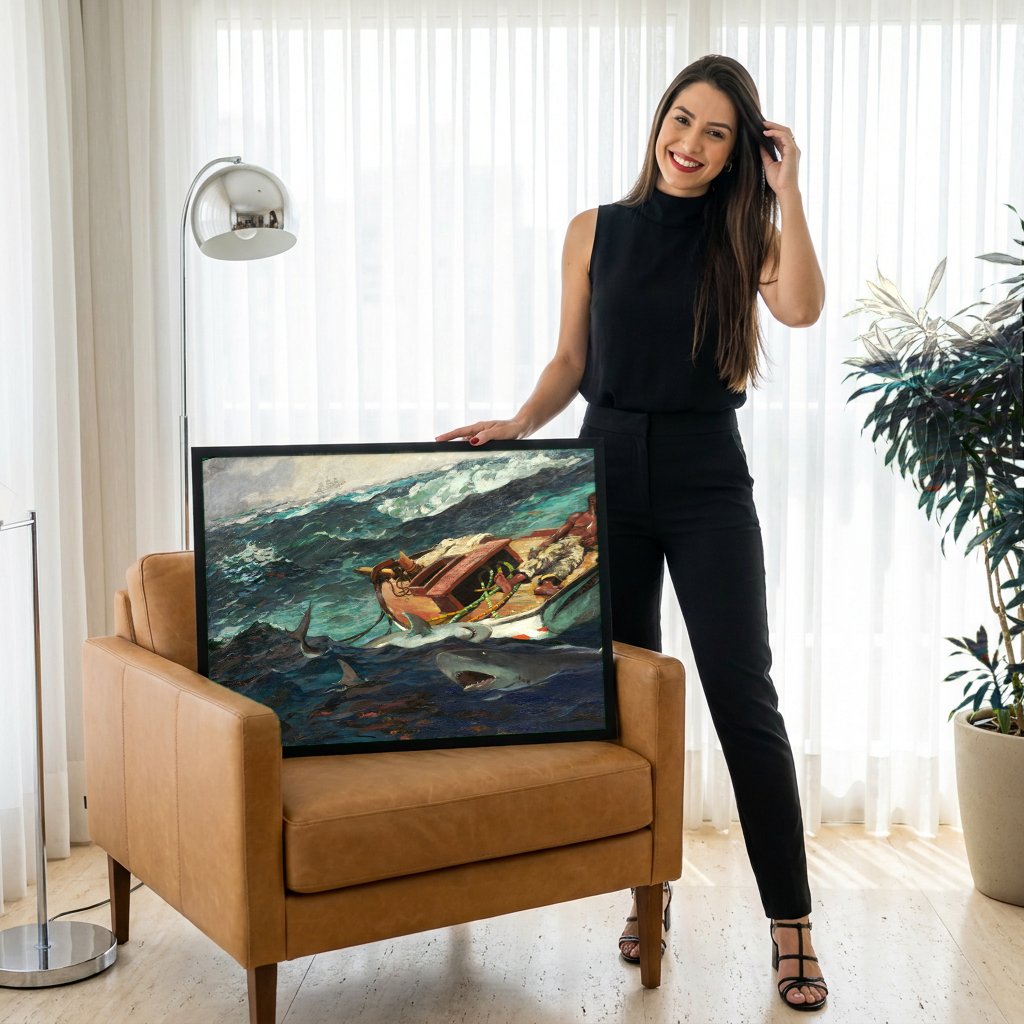 Quadro Decorativo A Corrente do Golfo - Winslow Homer com modelo em ambiente