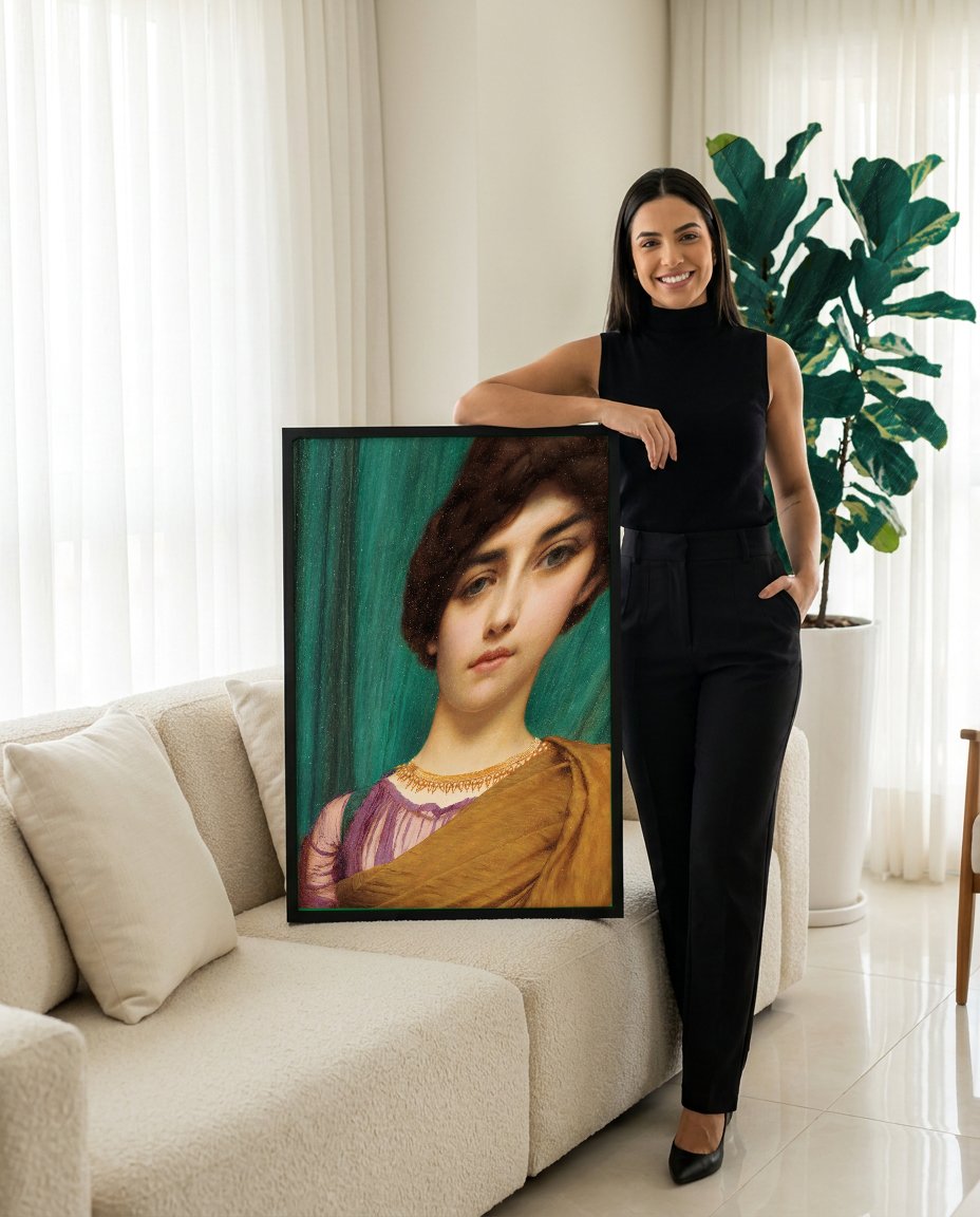 Quadro Decorativo A Jovem Grega - John William Godward com modelo em ambiente