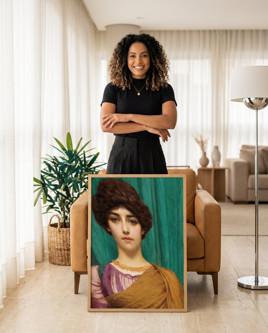 Quadro Decorativo A Jovem Grega - John William Godward com modelo em ambiente