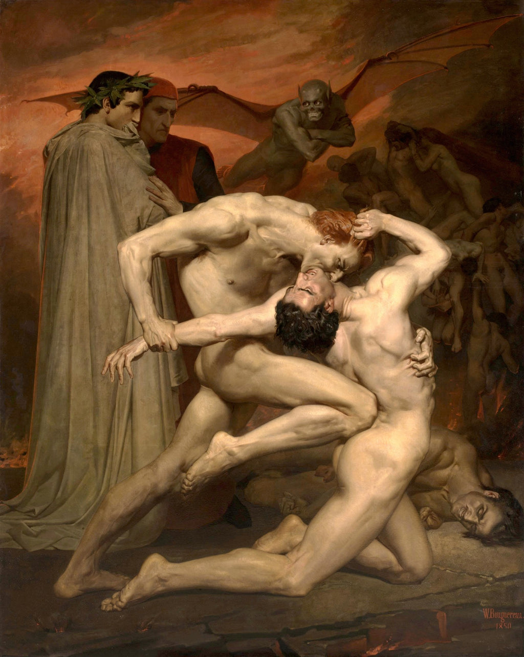 Quadro 'Dante e Virgílio no Inferno' de William-Adolphe Bouguereau, representando figuras nuas em combate e demônios, com Dante e Virgílio observando a cena infernal.