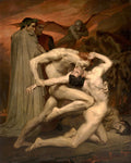 Quadro 'Dante e Virgílio no Inferno' de William-Adolphe Bouguereau, representando figuras nuas em combate e demônios, com Dante e Virgílio observando a cena infernal.