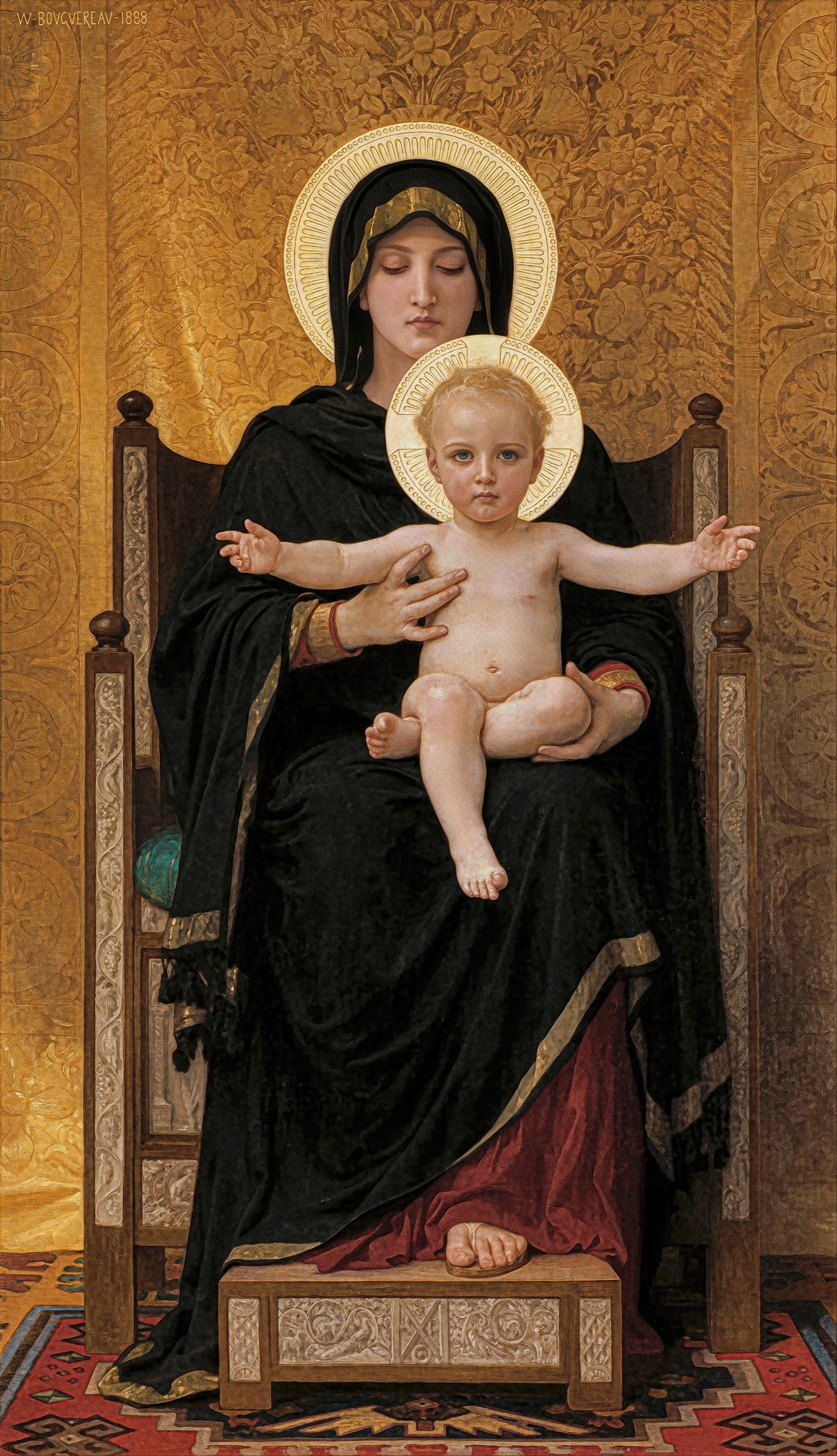 Quadro decorativo 'A Madona dos Lírios' de William Bouguereau, representando a Virgem Maria com o Menino Jesus em um trono, ambos com auréolas douradas, sobre um fundo em tons de ouro. A Virgem veste um manto escuro e o Menino está sem roupas.
