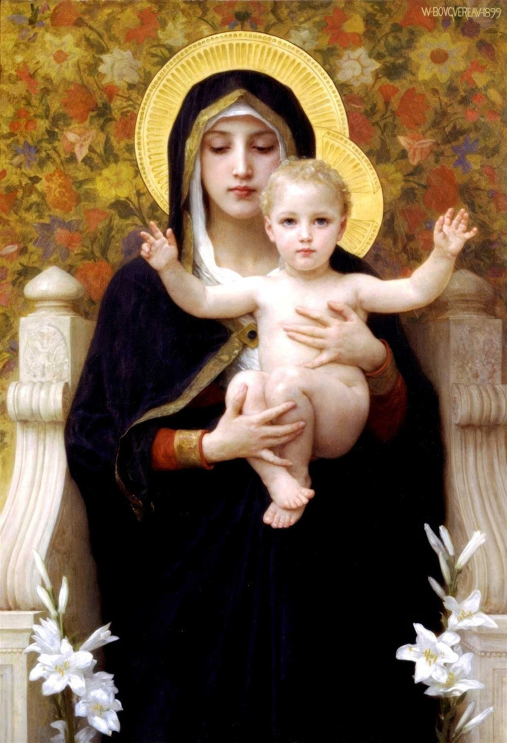 Quadro 'A Virgem dos Lírios' de Willian-Adolphe Bouguereau, representando a Virgem Maria em manto azul escuro segurando o Menino Jesus, com um fundo floral dourado e lírios brancos na base.