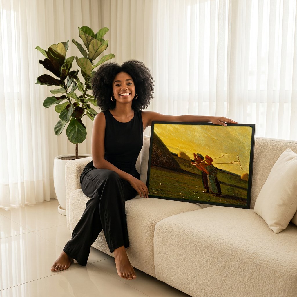 Quadro Decorativo A Colheita de Feno - Winslow Homer com modelo em ambiente