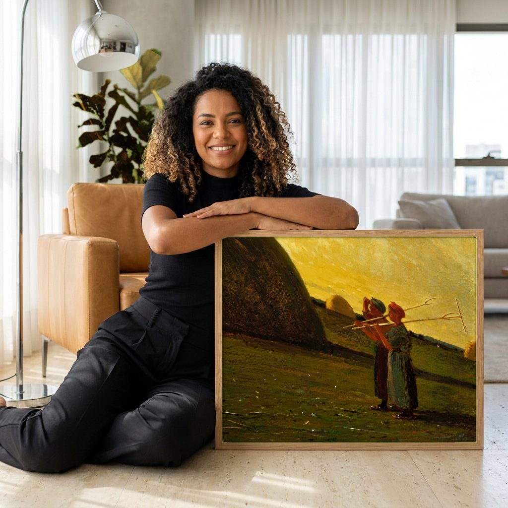 Quadro Decorativo A Colheita de Feno - Winslow Homer com modelo em ambiente
