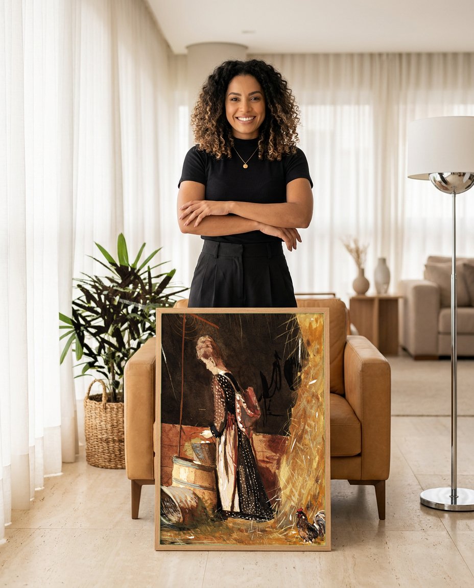 Quadro Decorativo Apanhadora de Ovos - Winslow Homer com modelo em ambiente