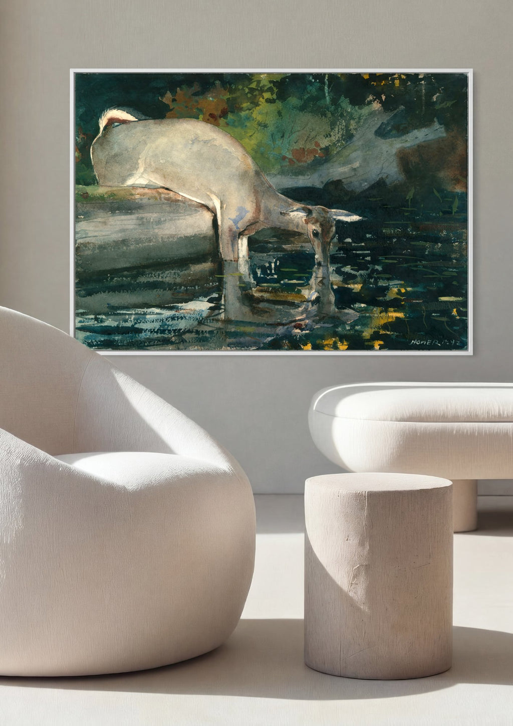 Quadro Decorativo Cervo Bebendo Água - Winslow Homer em ambiente decorado