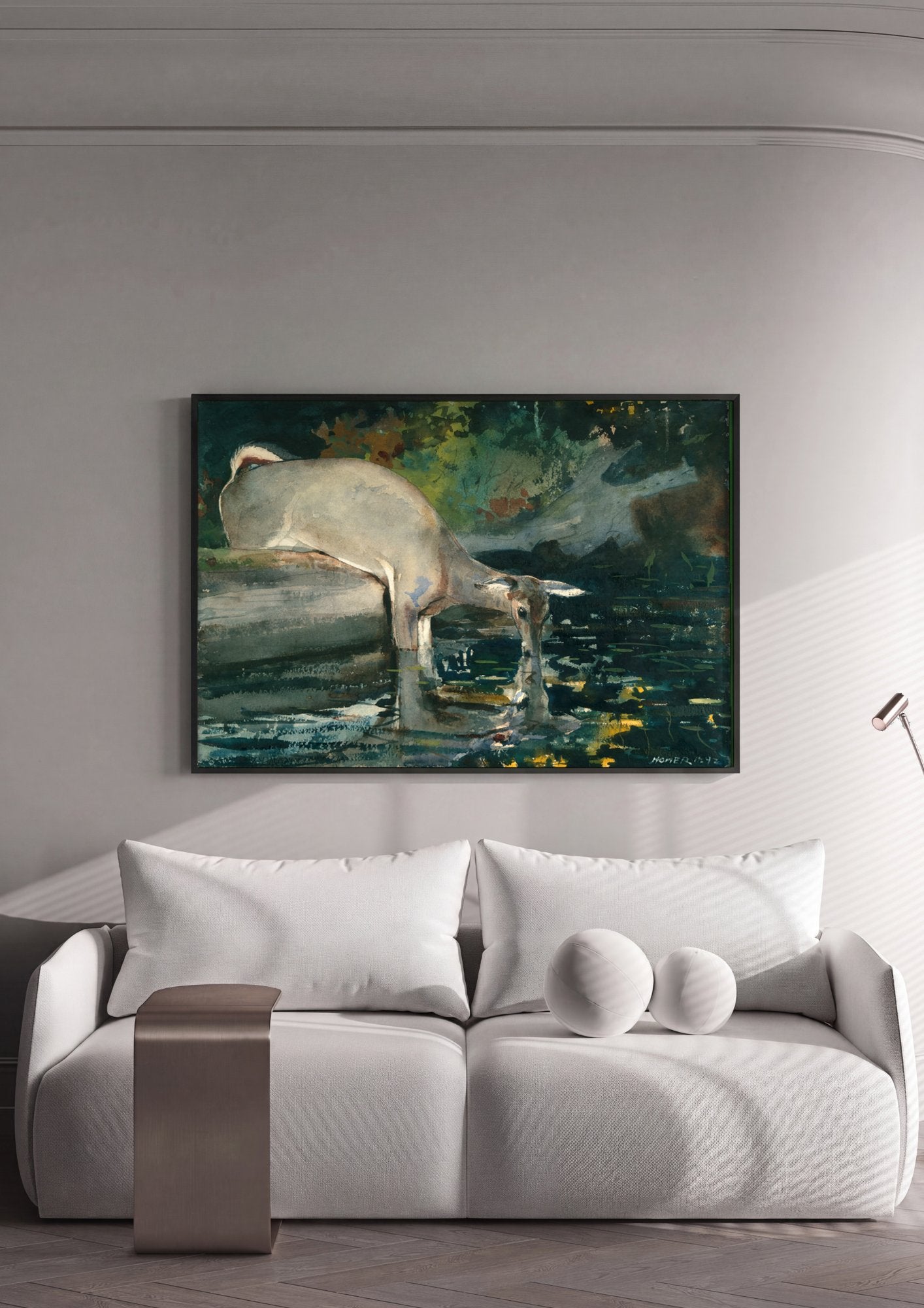 Quadro Decorativo Cervo Bebendo Água - Winslow Homer em ambiente decorado