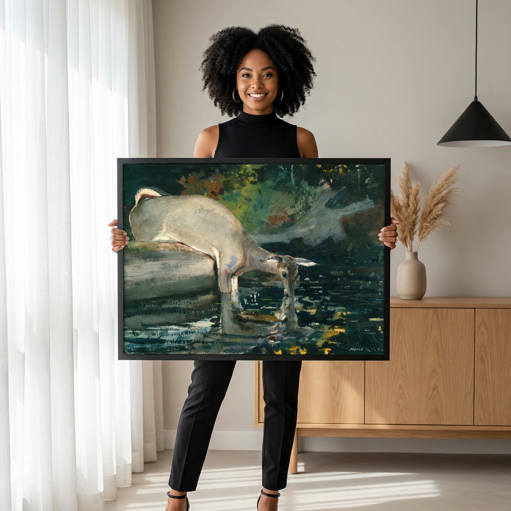 Quadro Decorativo Cervo Bebendo Água - Winslow Homer com modelo em ambiente