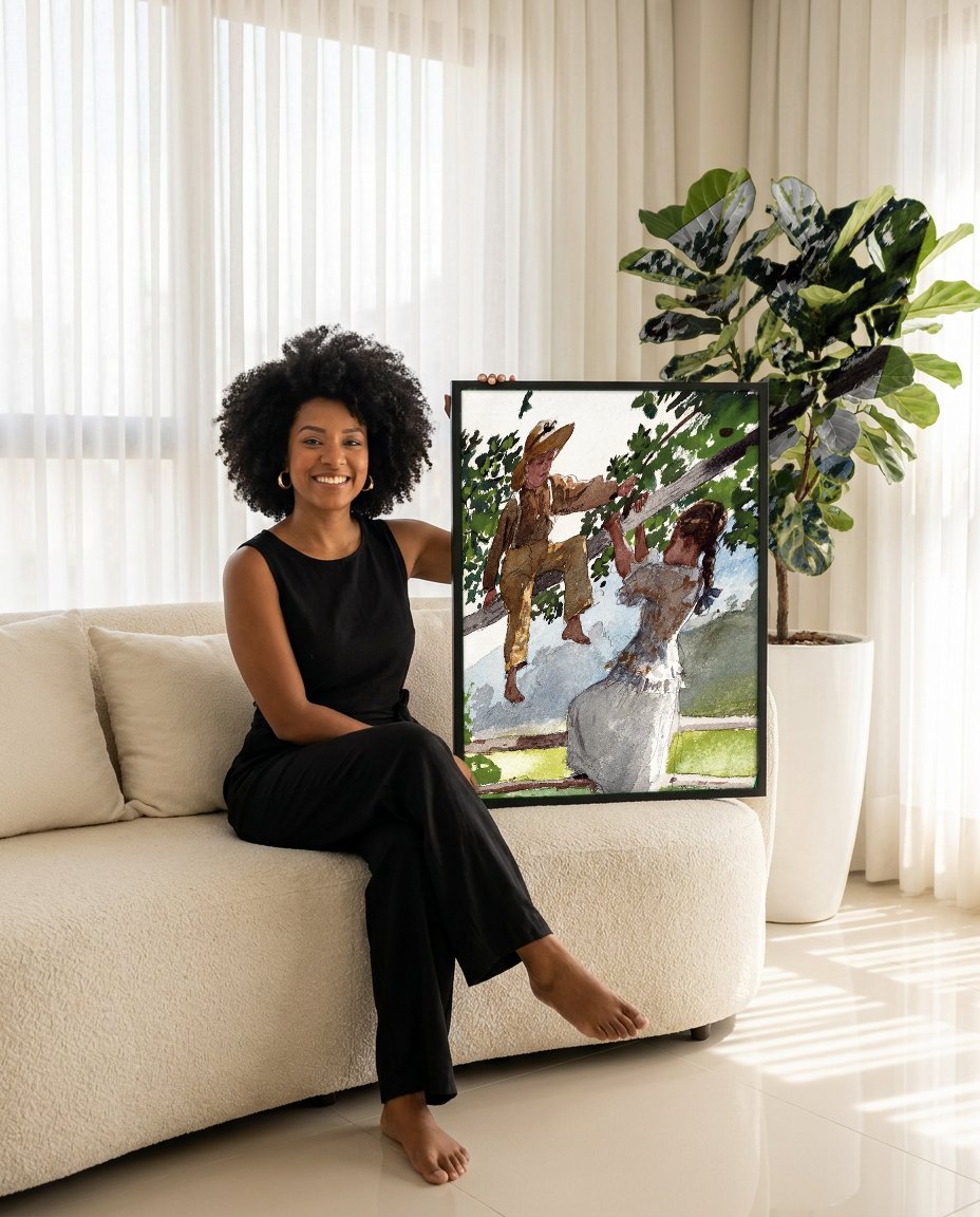 Quadro Decorativo Crianças na Árvore - Winslow Homer com modelo em ambiente