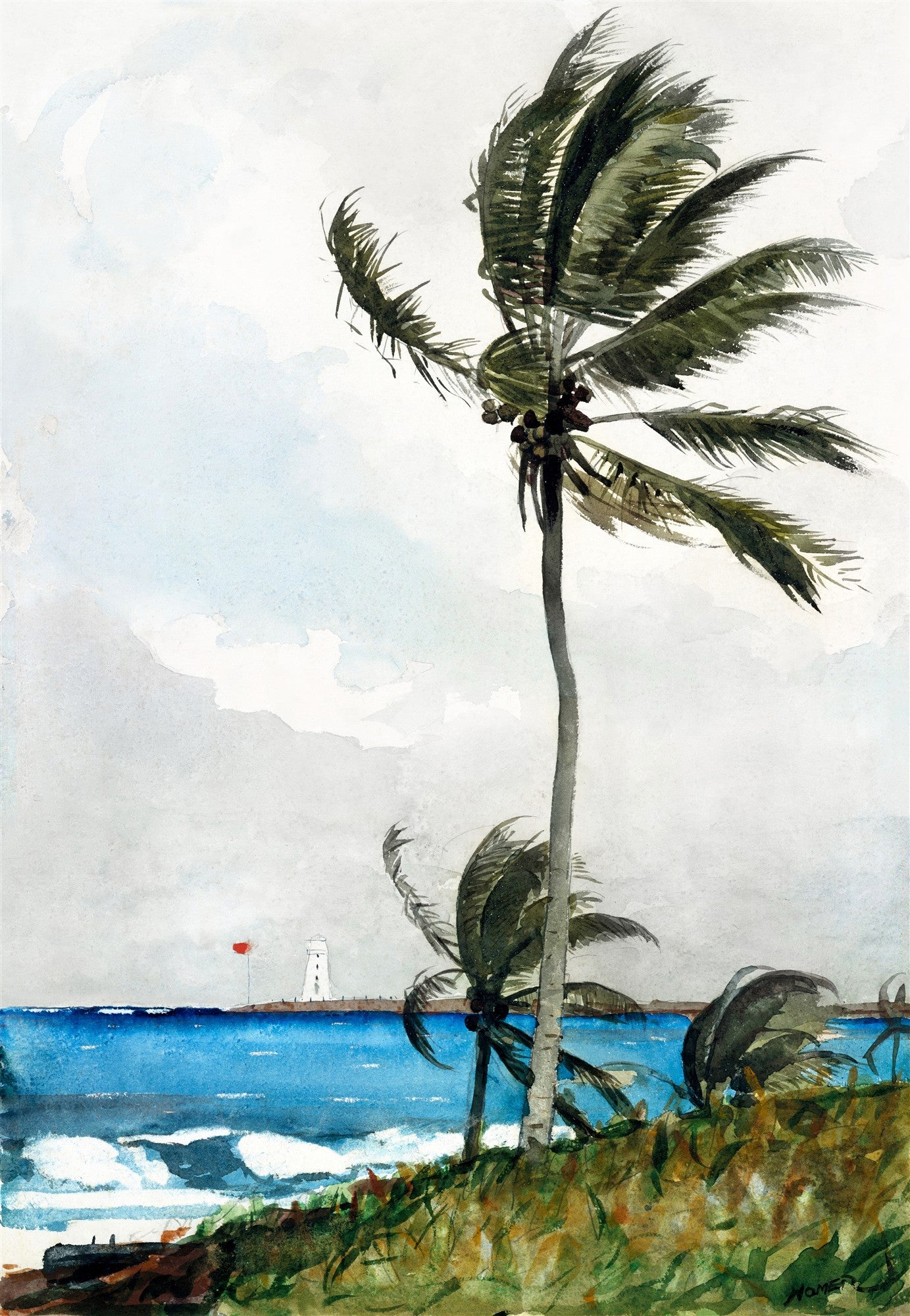 Quadro decorativo com pintura em aquarela de palmeiras curvadas pelo vento em uma praia tropical, com mar azul e um farol ao fundo, obra de Winslow Homer.