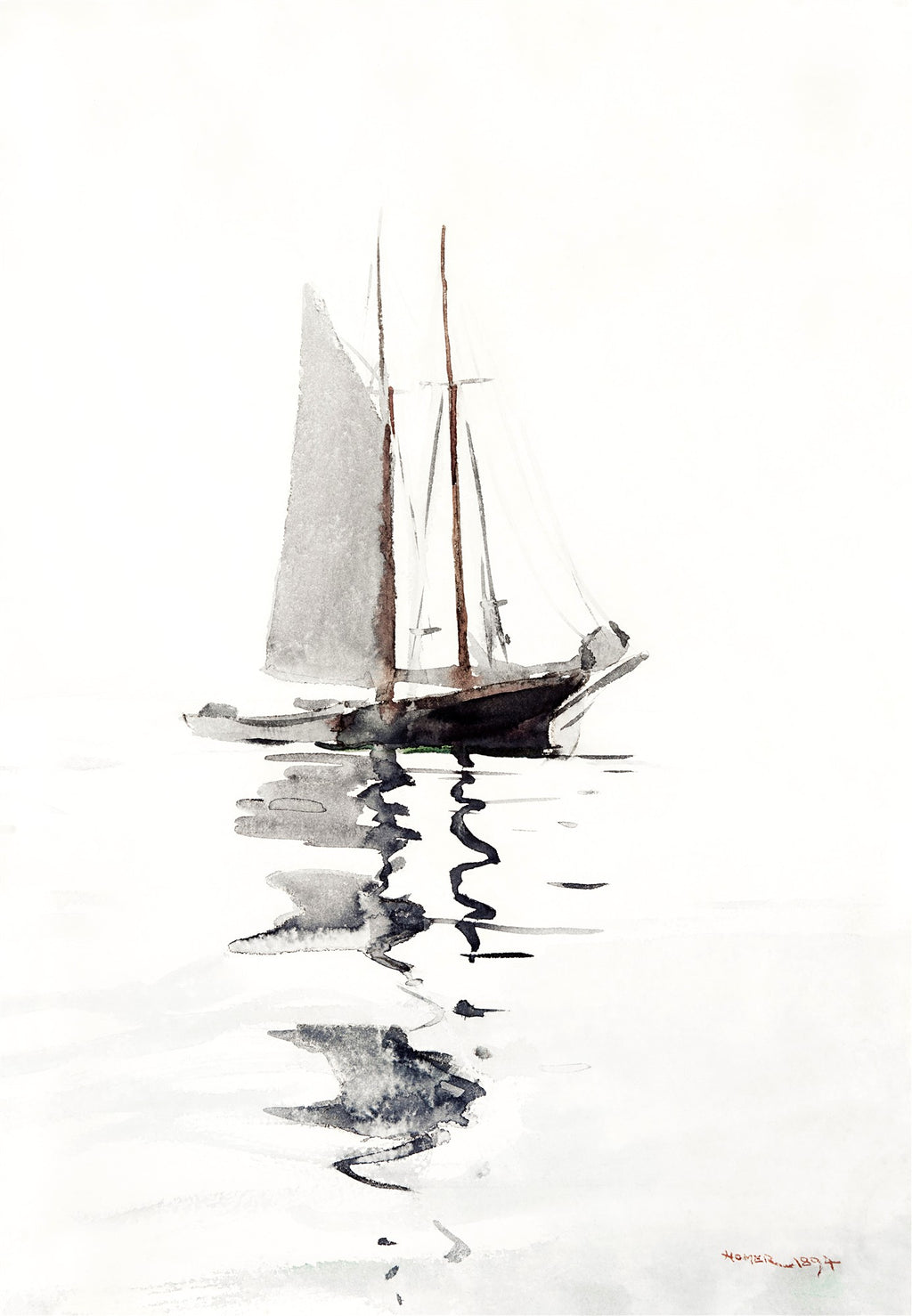 Pintura em aquarela de Winslow Homer, 'Schooner at Anchor', retratando uma escuna de dois mastros ancorada em águas calmas, com seu reflexo ondulado na superfície.