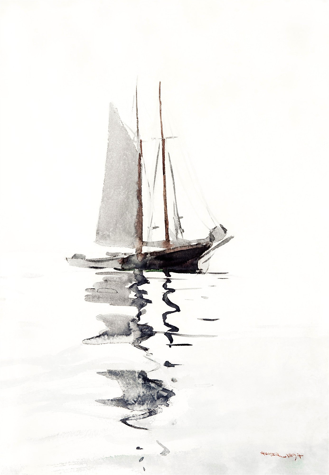 Pintura em aquarela de Winslow Homer, 'Schooner at Anchor', retratando uma escuna de dois mastros ancorada em águas calmas, com seu reflexo ondulado na superfície.