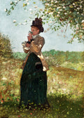 Mulher vestida elegantemente, com chapéu e vestido verde, em um pomar, cheirando flores brancas de uma árvore. Céu azul claro ao fundo. Obra de Winslow Homer.
