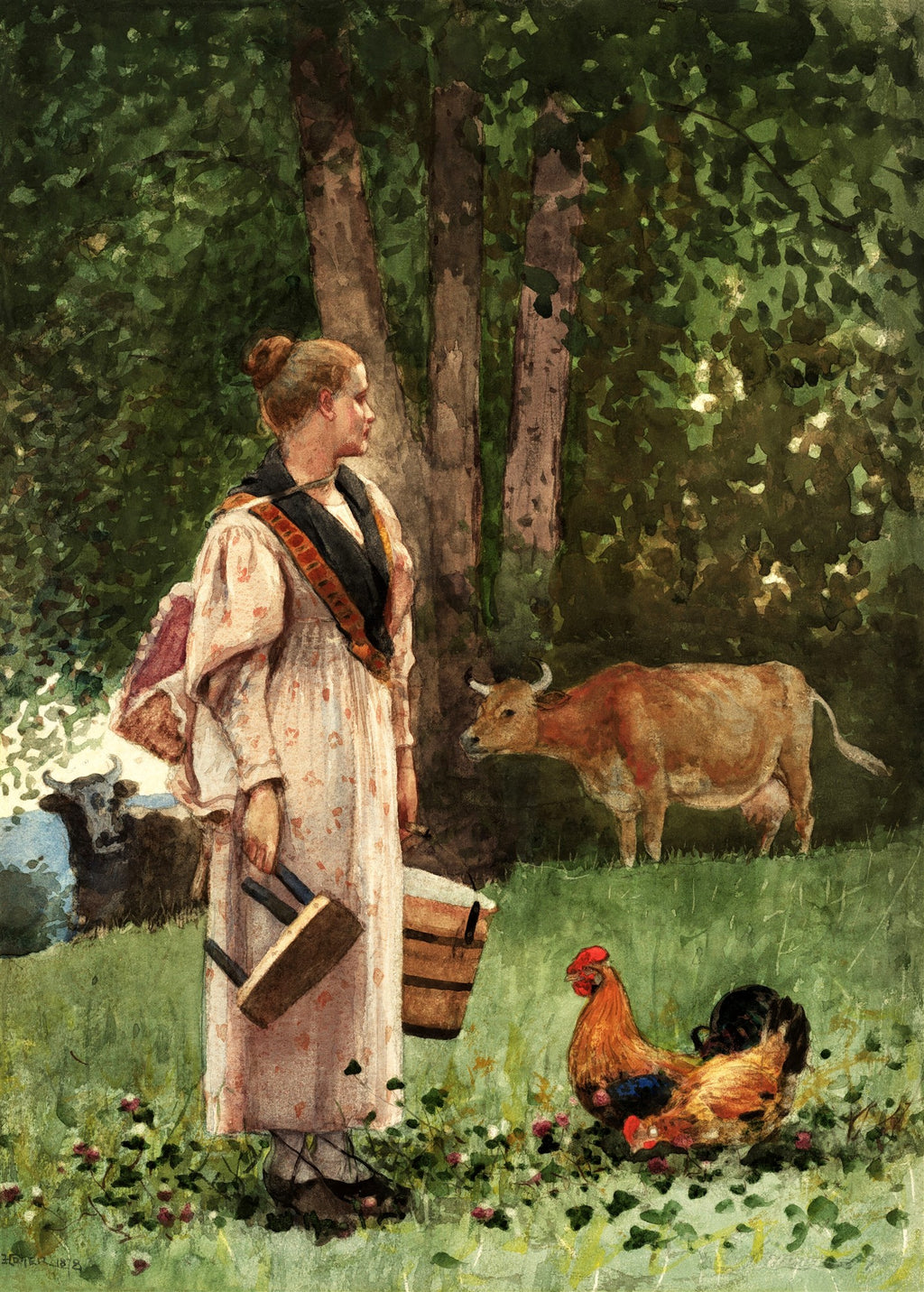 Quadro decorativo com pintura de Winslow Homer, 'A Leiteira', exibindo uma jovem em um campo verde com vacas e um galo, sob árvores frondosas, em aquarela.