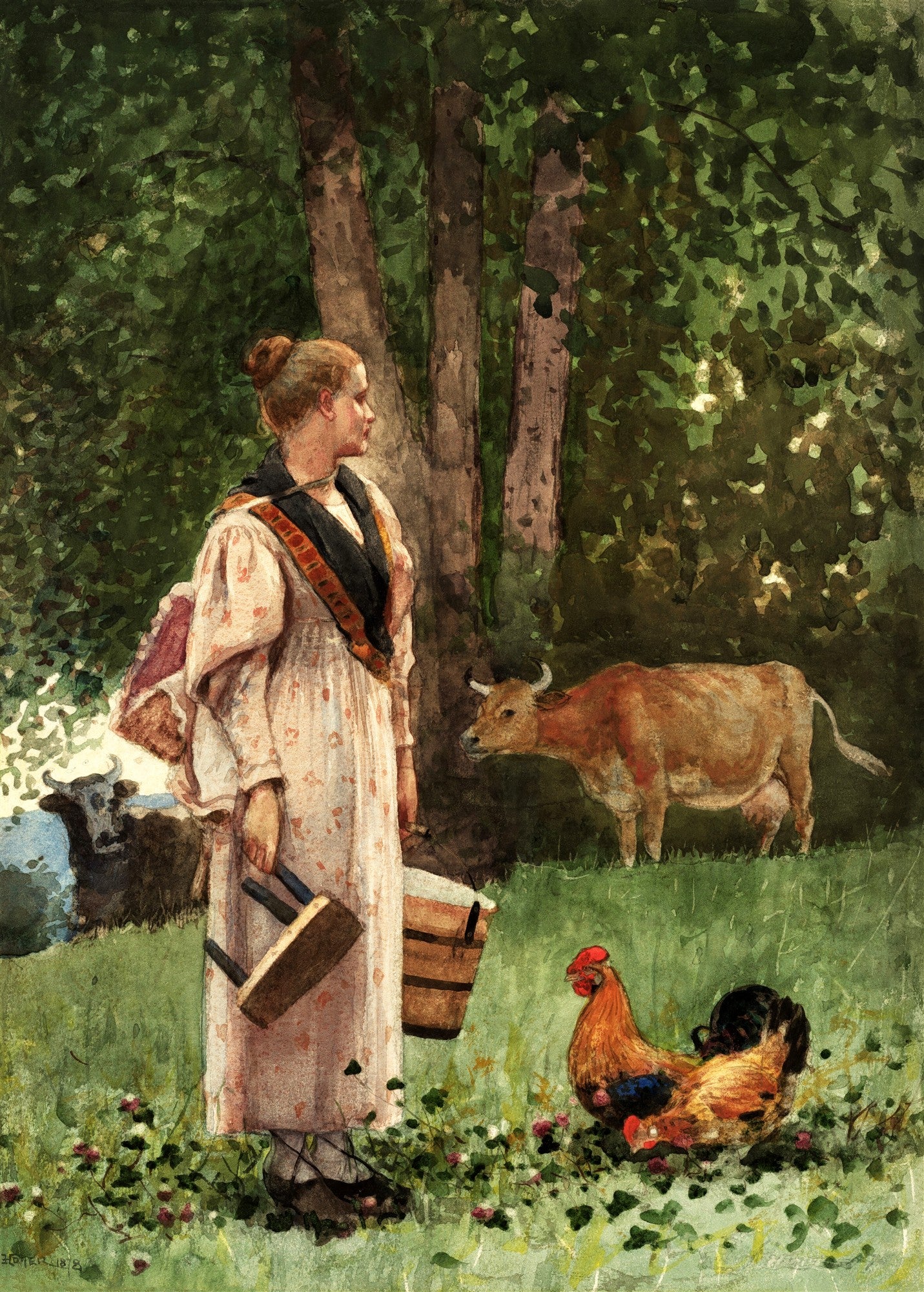 Quadro decorativo com pintura de Winslow Homer, 'A Leiteira', exibindo uma jovem em um campo verde com vacas e um galo, sob árvores frondosas, em aquarela.